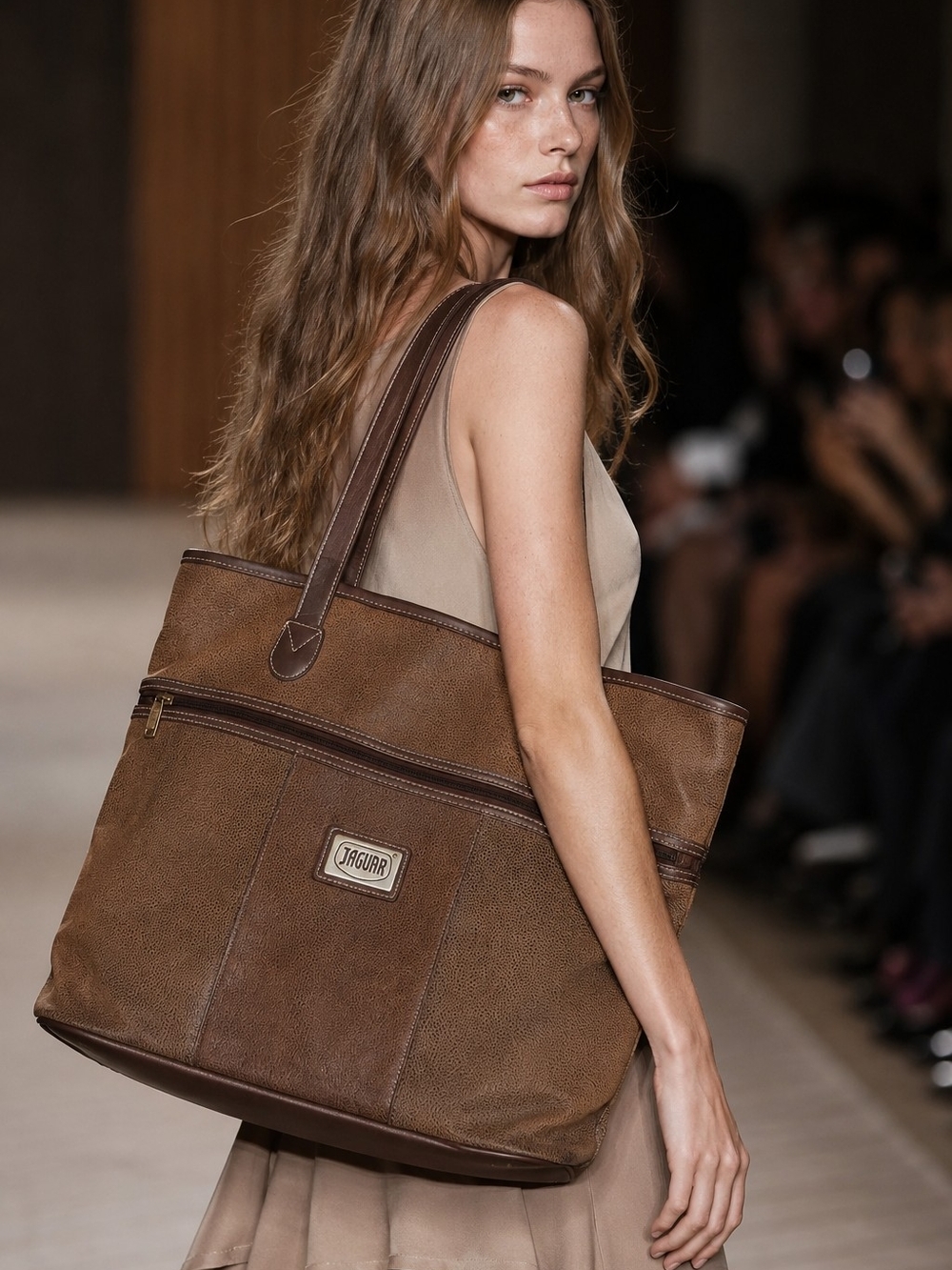 Vintage Jaguar Oversized Tote Bag – Brown Faux Leather Travel/Work Shoulder Bag